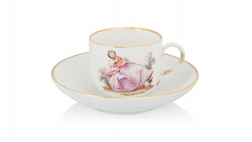 Чашка с блюдцем Meissen Дама с мопсом, лимитированный вып 23/75, 2004г